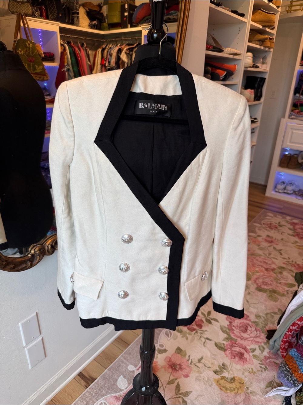 Balmain Cream and Black Double-Breasted Blazer